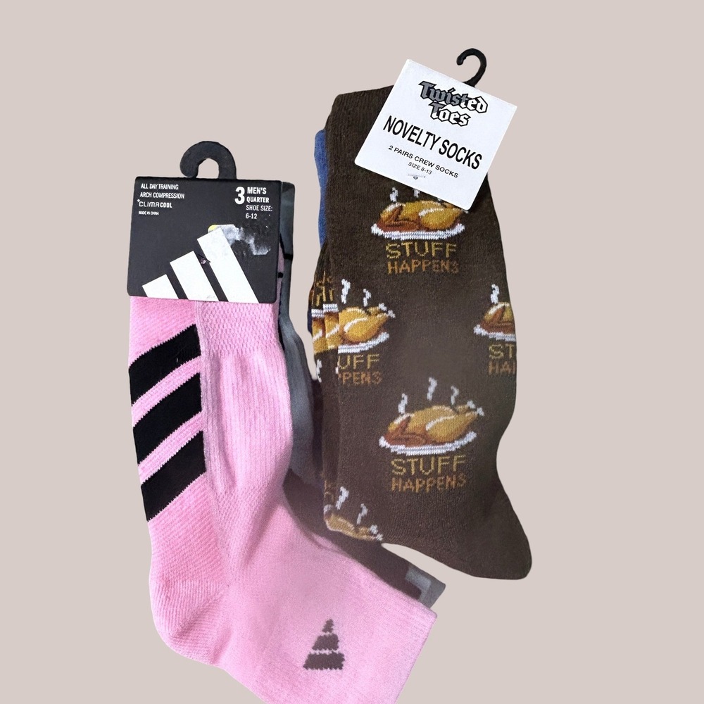 Adidas & Twisted Toes Mens Socks 5 Pair Bundle Size 6-12 Novelty Athletic